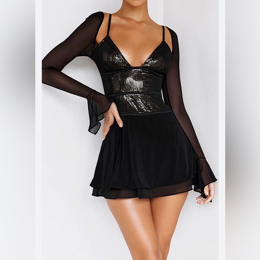 Sequin Bodice Mesh Sleeve Mini Dress